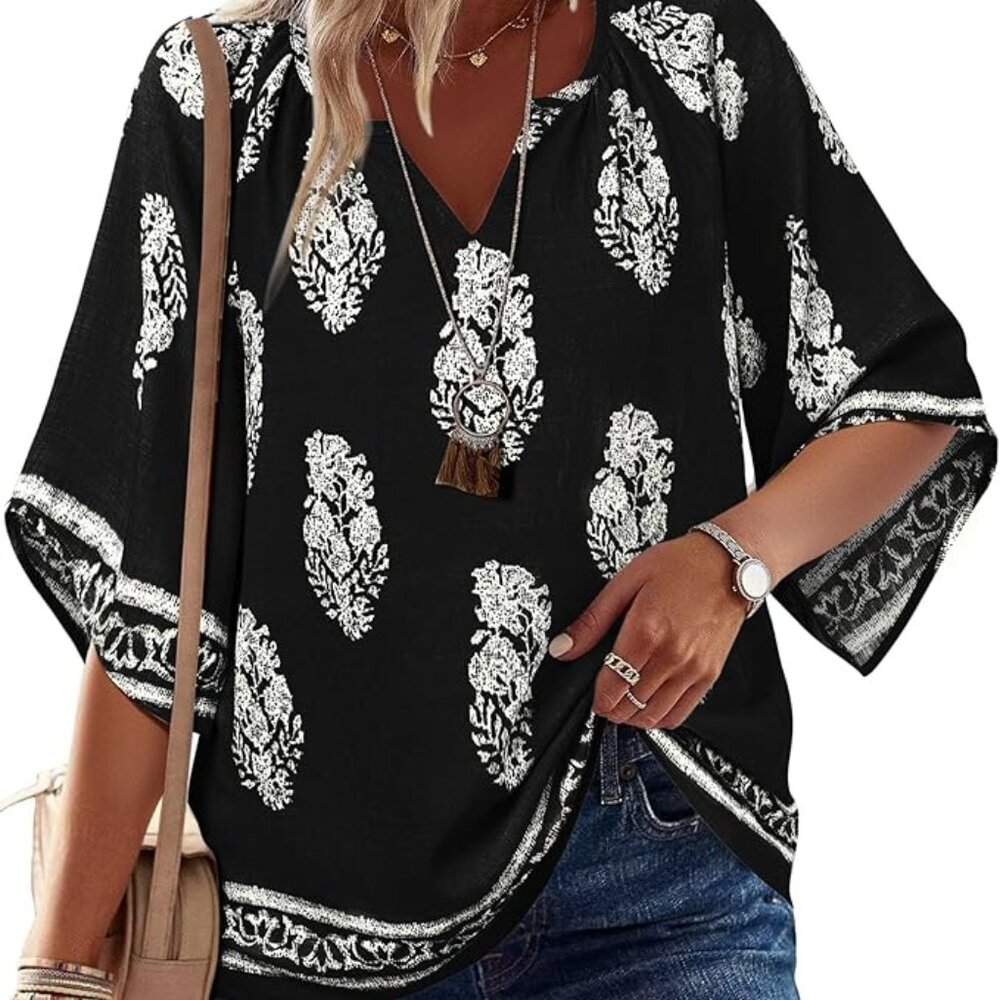 3/4 Sleeve V Neck Blouse Loose Fit Tunic Tops XL